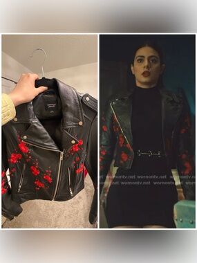 Lamarque Black Leather Moto Jacket with Red Floral Embroidery